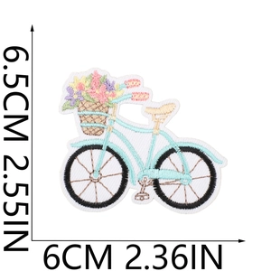 Detailed size chart for the embroidered bicycle flower basket patch showing 6x6.5cm dimensions