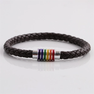 Bracelet tressé pour homme en cuir marron foncé avec fermoir magnétique arc-en-ciel