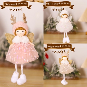 Pendentif Fille Ange en Peluche de Noël Avec Jupe en Maille à Paillettes Bois Décoration Suspendue pour Sapin de Noël Fête