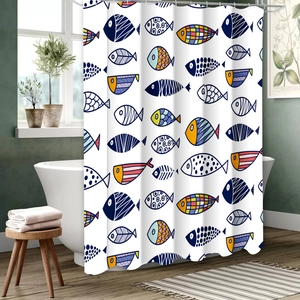 Detail view of colorful fish pattern on white shower curtain hanging over bathtub