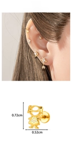 Detailed size view of a golden girl-shaped ear stud with white cubic zirconia accents