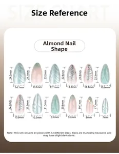 Detailed size guide for almond press-on nails featuring green 3D patterns and wing designs