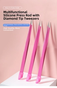 Dual-end nail tweezers with pink metal body and silicone press tip for precise crystal placement