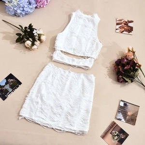 Dettaglio del set bianco a due pezzi con crop top a frange e gonna attillata alla moda