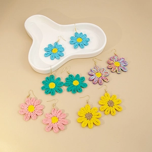 Boucles D'oreilles Pendantes Marguerites En Raphia Tissé Main Style Bohême Vacances Plage Été Pour Femmes Filles