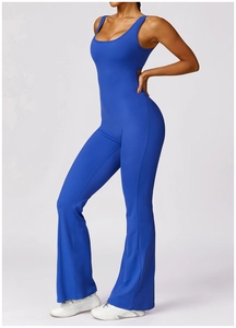 Detail of royal blue one-piece yoga jumpsuit with flared pants and high elastic fit