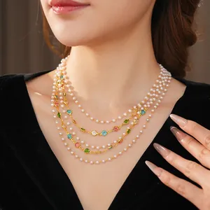 Vintage multi-layer pearl necklace with colorful gemstones and gold-plated chains