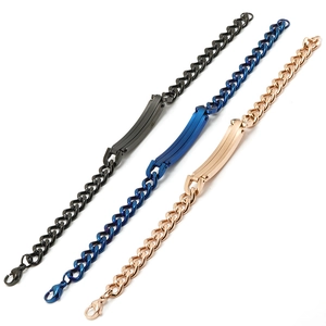 Detailed view of three Cuban chain bracelets in black, blue, and rose gold with lobster clasp