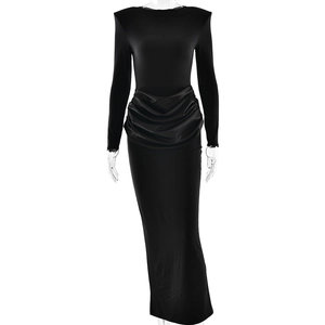 Elegant black long-sleeve maxi dress with side ruching and a slim fit drape silhouette
