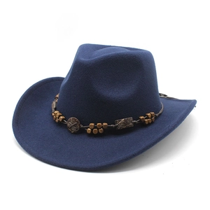 Detail of navy wool felt cowboy hat with ethnic beads and wooden tribal trim