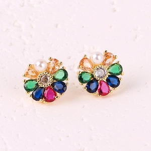 18K gold plated flower earrings with colorful cubic zirconia and small pearls