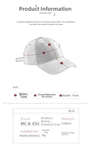 Size chart for cotton baseball cap featuring brim length, depth and head circumference