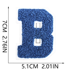 Detail shot of 7cm blue chenille letter B patch with white felt backing and dimensions