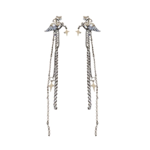 Silver fringe earrings with flying bird and star charms featuring white zircon stones