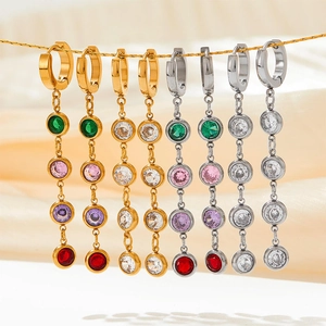 Multiple pairs of colorful zircon fringe earrings in gold and silver stainless steel