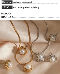 Detailed close-up of stainless steel pearl jewelry set on luxury silk background