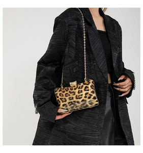 Leopard print square evening clutch bag with gold chain strap shown on a model's shoulder