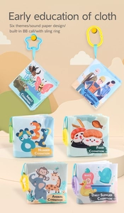 Detailed set of six baby cloth books featuring colorful themes with sensory hanging hooks