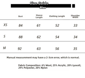 Detailed size chart and fabric composition for women's wool knit sweater top