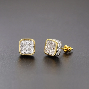 Macro shot of hip hop square stud earrings with pave-set zircon and threaded screw backs