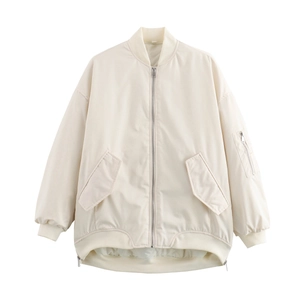 Loose-fit off-white bomber jacket with drop-shoulder design and silver metal zipper