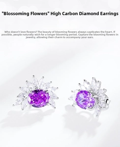 Macro shot of 925 silver earrings with purple oval carbon diamond in floral design