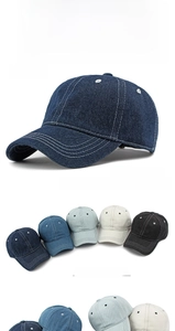 Macro detail of washed denim cotton texture and multi-stitch brim on soft baseball cap