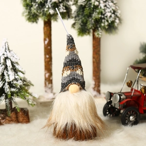 Christmas gnome hanging ornament with gray knitted hat and long white faux fur beard