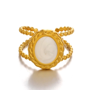 Minimalist 18K gold plated stainless steel ring with white oval embossed detail