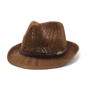 Retro Knit Woven Straw Fedora Hat Breathable Wide Brim Jazz Cap With Leather Belt Metal Badge Unisex Summer Beach Travel