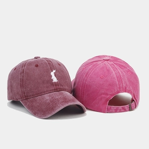 Vintage washed cotton baseball cap with rabbit embroidery and adjustable metal buckle