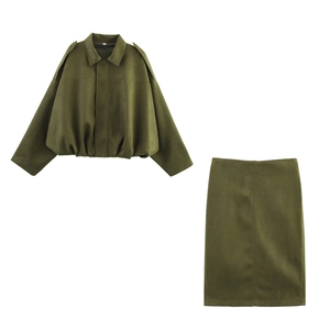 Army green two-piece set for women with short loose jacket and straight midi skirt