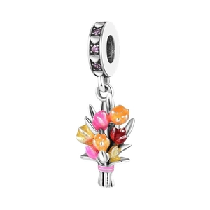 Floral bouquet pendant charm with multicolor enamel and purple zircon in silver finish