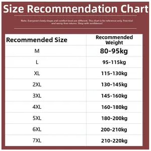 Tableau des tailles pour veste de protection solaire couvrant du M au 7XL pour hommes et femmes