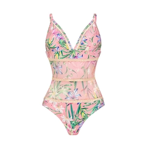 Detail of floral pink one-piece swimsuit with V-neck and lace hollow-out design