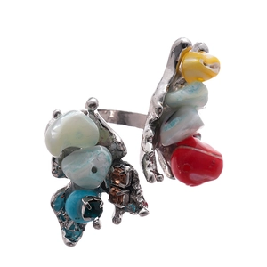 Colorful irregular shell butterfly and flower heart ring with silver metal in dopamine style