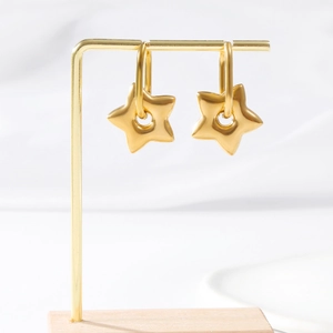 Polished gold stainless steel star earrings on a luxury minimalist display stand