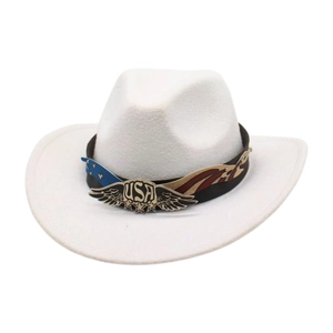 White western cowboy hat in felt with black leather band and USA eagle metal emblem