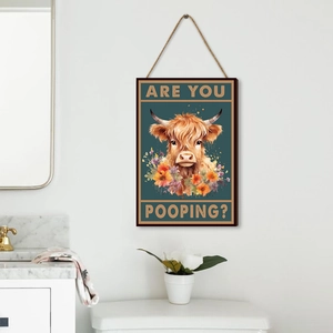 Funny Highland Cow Wood Hanging Sign Humor Bathroom Wall Decor Plaque Rustic Farmhouse Style With Hemp Rope