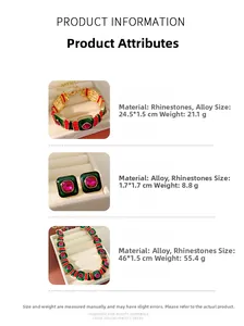 Detailed size and weight specs for vintage green enamel jewelry set with red rhinestones
