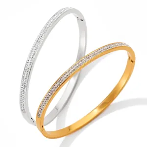 Minimalist Stainless Steel Bangle For Women With Double Row Pave Rhinestone Hinged Clasp High Polished Fashion Jewelry