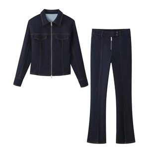Veste En Jean Femme Et Pantalon Évasé Coupe Ajustée Bleu Foncé Coutures Contrastées Mode Urbaine Casual