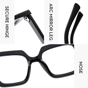 Detail view of square black glasses frame with secure hinge and ergonomic temple design