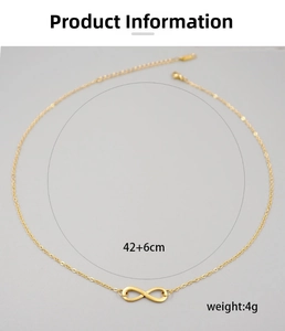 Detailed view of golden infinity pendant necklace with 42+6cm chain and 4g weight