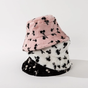 Faux Fur Bucket Hat Cherry Print Plush Warm Winter Windproof Outdoor Sweet Style For Women