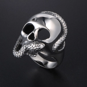Gothic silver stainless steel ring featuring a detailed skull and serpent design