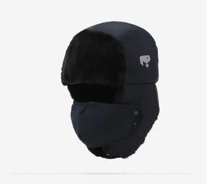 Detail view of winter trapper hat with thick faux fur lining and adjustable face mask