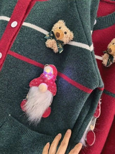 Detail of Christmas cardigan featuring mini teddy bear and Santa with LED light strings