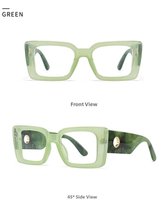 Close-up of retro rectangle sunglasses with light green frames and marble temples