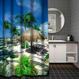 Tropical beach scene with palm trees and sun umbrella on a waterproof polyester shower curtain